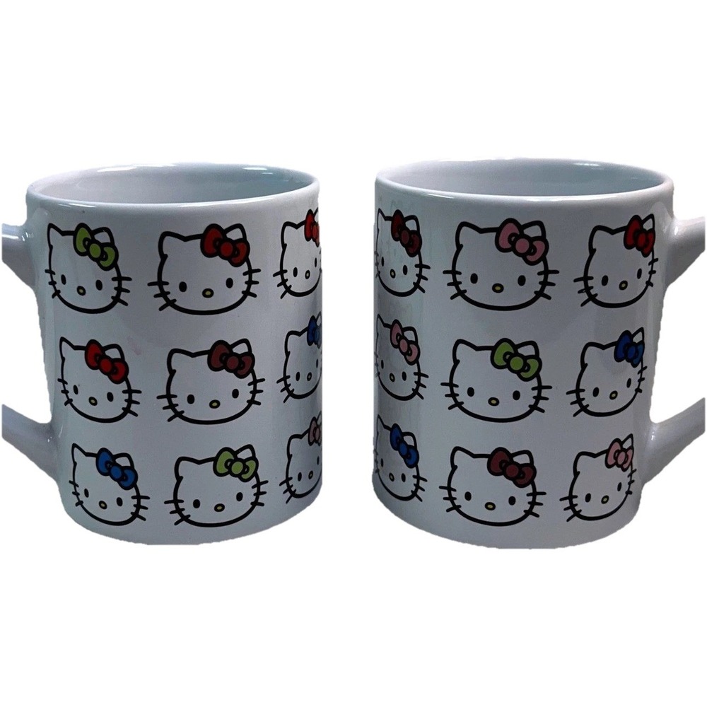 Hello Kitty Sanrio Ceramic Mug Set 2 Pack 14oz Silver Buffalo White Multi Bows